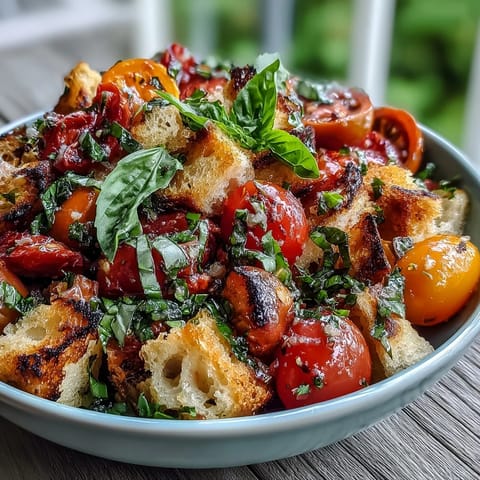 Vibrant Panzanella salad with charred bread, ripe tomatoes, and fresh basil.
