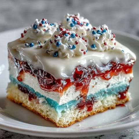 Festive red, white, and blue Patriotic Poke Cake glistening with white chocolate ganache.