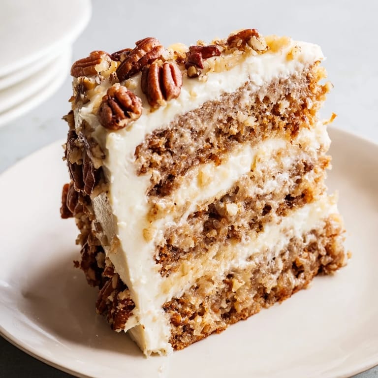 A close-up of a finished Hummingbird Cake, a Southern dessert with bananas and pineapple.
