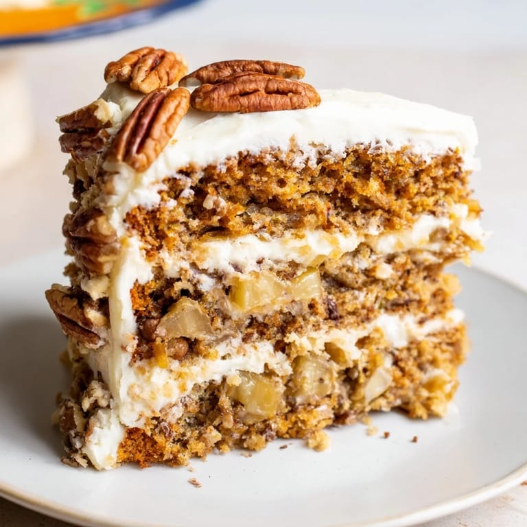 Golden-layered Hummingbird Cake, featuring a generous slathering of creamy frosting, ready to be enjoyed.