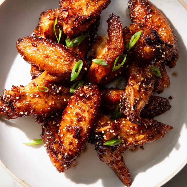 Golden-brown Asian sticky wings, perfectly caramelized from the oven, ideal for a game-day snack.