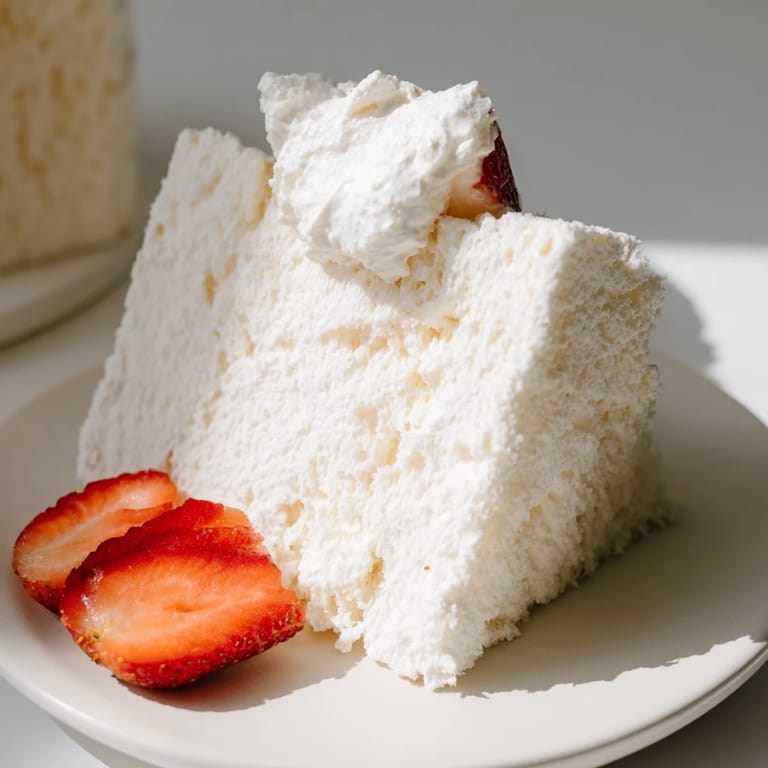 Served with whipped cream, this homemade angel food cake is a perfect dessert treat.