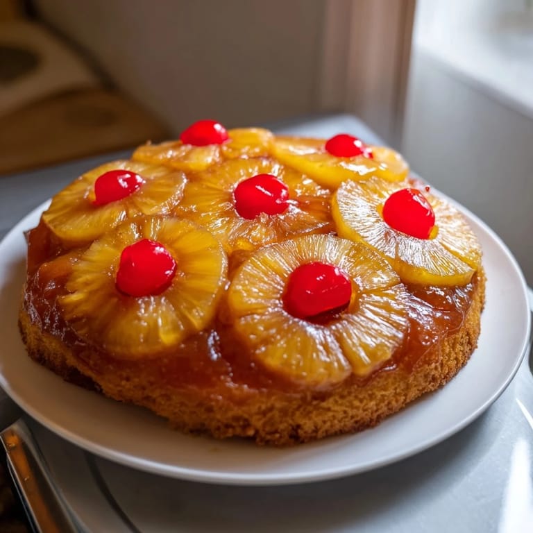 This warm Pineapple Upside-Down Cake features juicy pineapples and cherries with a tender, vanilla cake.