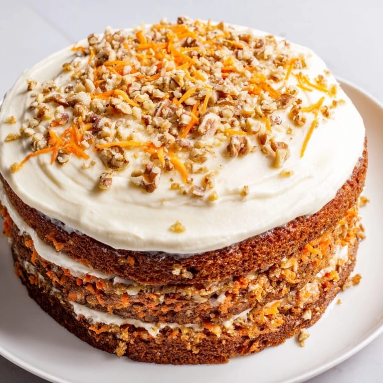 Homemade carrot cake with a fluffy cream cheese topping, perfect for celebrating special occasions, delicious.