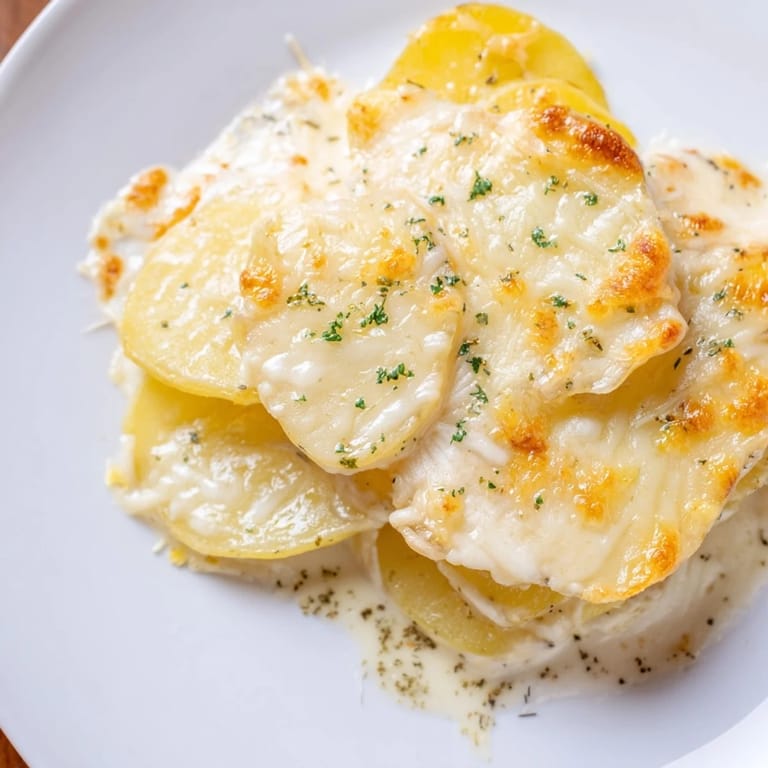 A bubbling, cheesy view of au gratin potatoes, perfectly cooked with a rich cream and garlic sauce.