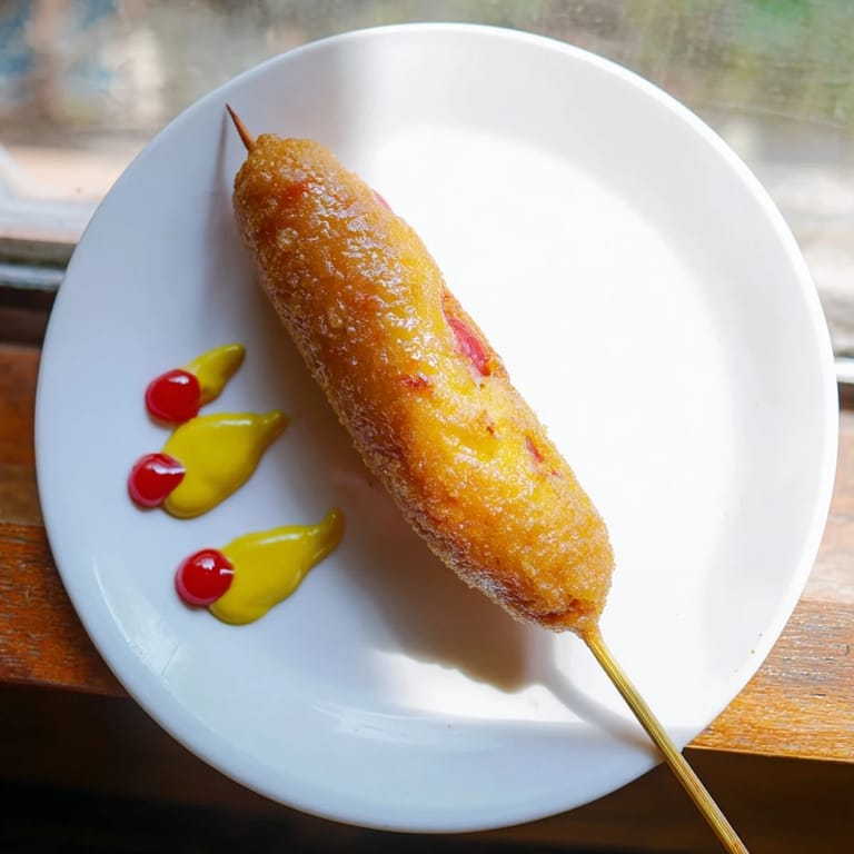 Freshly fried corn dogs, with a satisfying crunch, presented piping hot on a wooden skewer.