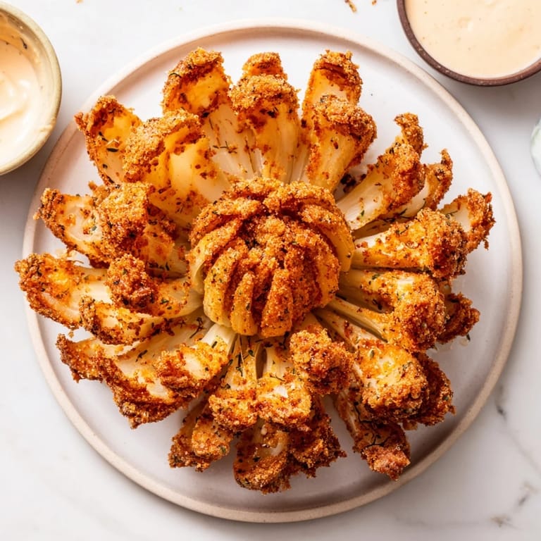 This deep-fried Blooming Onion shows off a perfect shape, promising a delicious, savory appetizer.