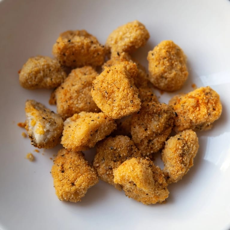 Close-up of freshly fried popcorn chicken, showing the juicy interior and crunchy breading.