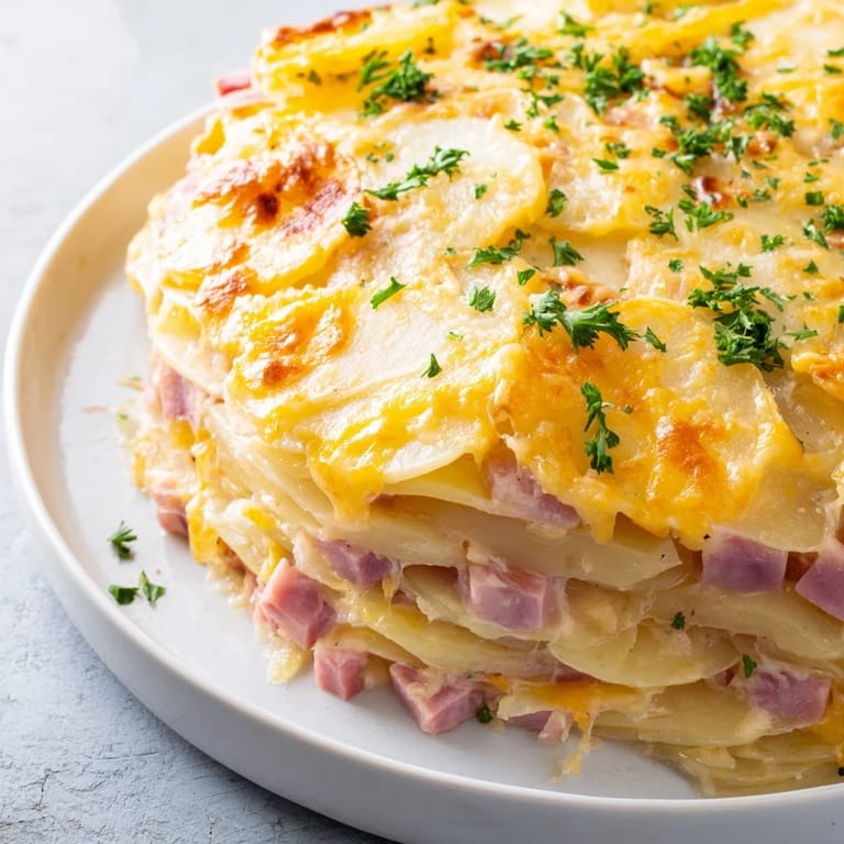 A creamy, cheesy layer of Scalloped Potatoes with Ham, perfect for a warming family dinner.