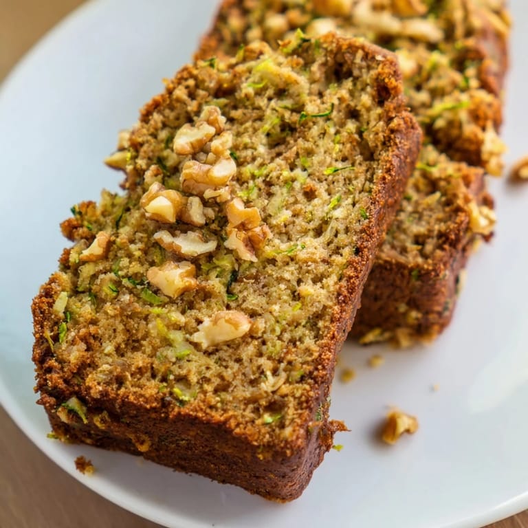 Sliced zucchini bread showing moist interior, perfect for breakfast or a sweet snack.