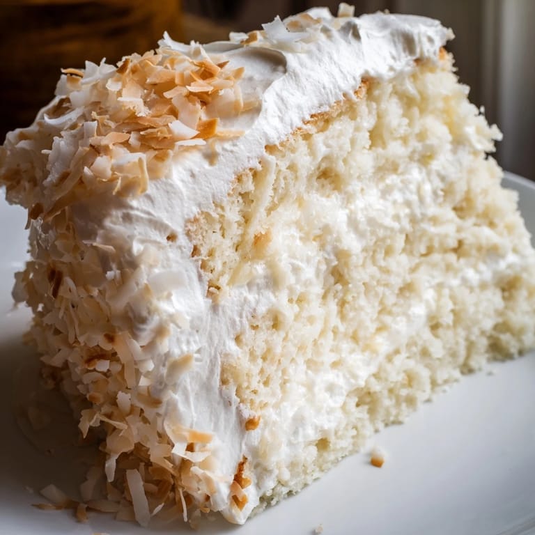 This photo shows a tall, beautifully frosted Coconut Cake, ready to be sliced and enjoyed.