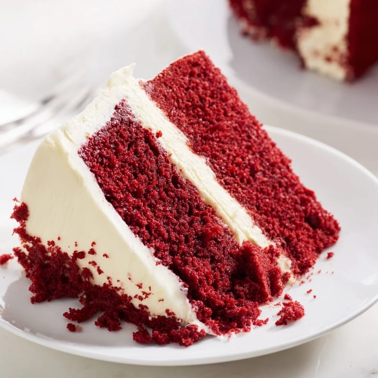 A decadent slice of red velvet cake showcasing its rich cocoa flavor and tangy cream cheese frosting.