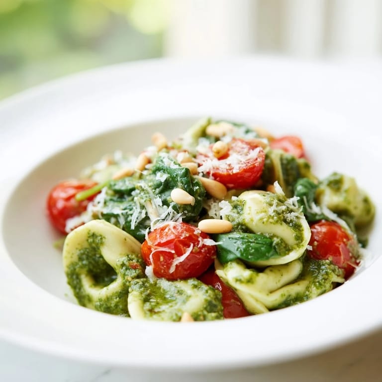 Close-up of Pesto Tortellini Salad showing tender tortellini coated in herbaceous pesto, scattered halved cherry tomatoes, and spinach leaves on a white platter.  