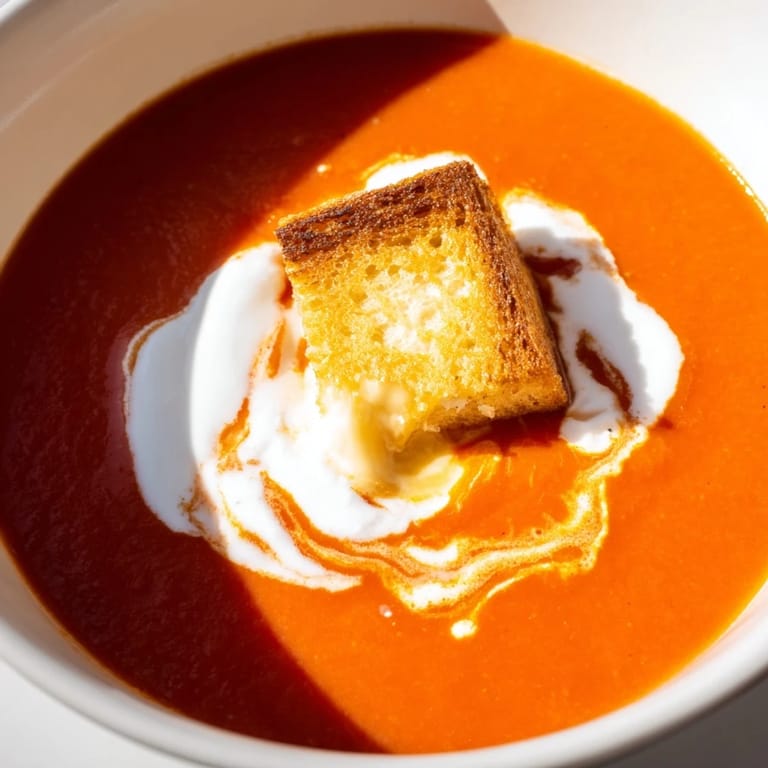 Golden-brown grilled cheese croutons sit atop steaming Roasted Tomato Soup with Grilled Cheese Croutons, offering a comforting, velvety texture.