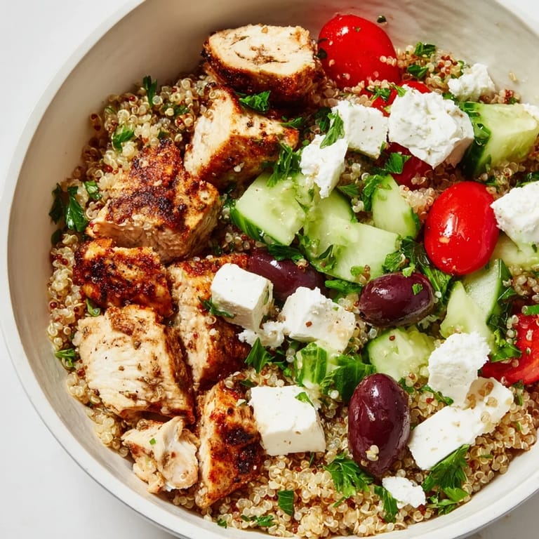 Fresh Mediterranean Chicken Bowl topped with crisp cucumbers, tomatoes, and a drizzle of zesty lemon-oregano dressing.