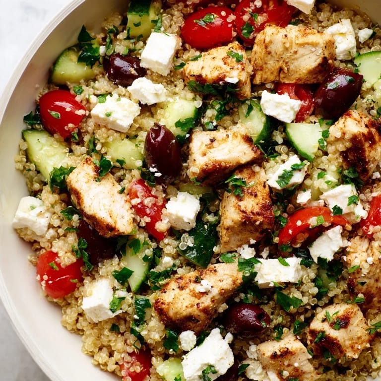 Serving suggestion for Mediterranean Chicken Bowl featuring golden chicken, creamy feta, and bright, colorful vegetables.
