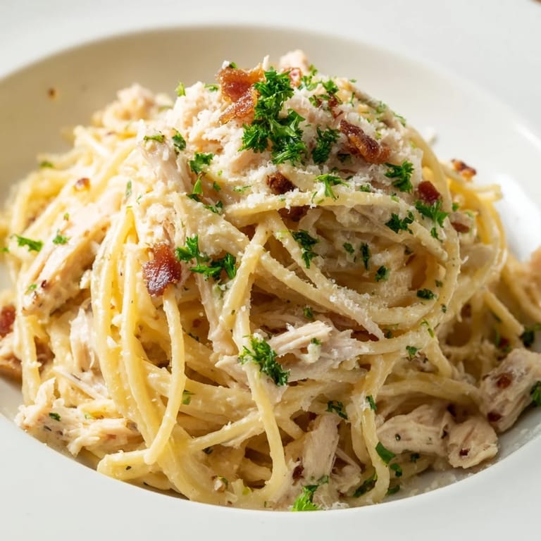 Glossy, peppered egg sauce coats tender spaghetti and shredded chicken carbonara, with smoky bacon and garlic notes in a warm skillet.