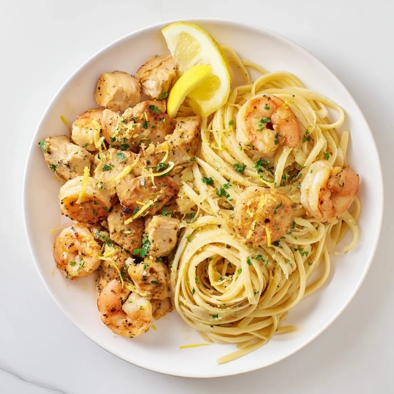 A vibrant plate of Lemon Garlic Shrimp & Chicken Pasta with juicy shrimp and tender chicken pieces, drizzled with a glossy lemon-garlic butter sauce.