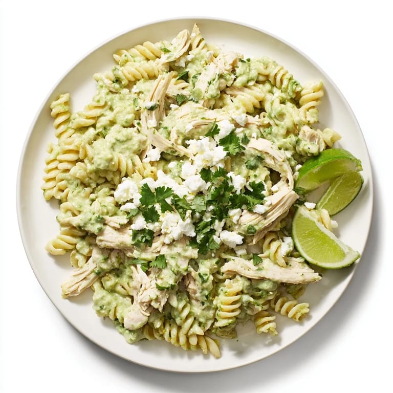 A close-up of Cilantro Lime Chicken Pasta, garnished with crumbled feta, fresh cilantro, and a bright lime wedge for a zesty finish.