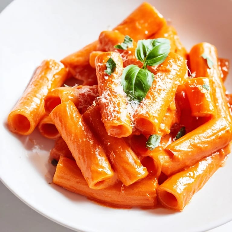 Spicy rigatoni pasta plated with a swirl of creamy sauce and a dusting of Parmesan, ready to enjoy.
