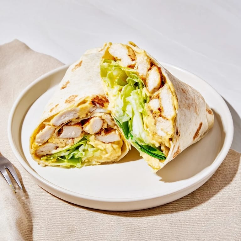 A close-up view of a sliced Honey Mustard Chicken Wrap, revealing juicy chicken and fresh vegetable fillings.
