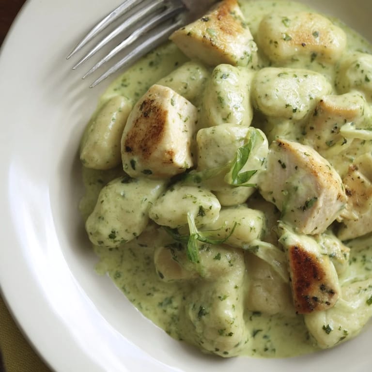 A comforting bowl of Creamy Pesto Gnocchi with Chicken, garnished with fresh basil and a generous sprinkle of Parmesan.