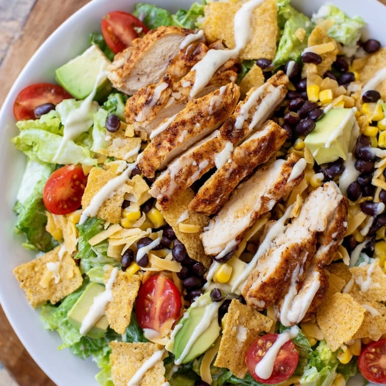 A close-up view of the Crunchy Taco Chicken Salad reveals melted cheddar cheese, cherry tomatoes, and crunchy taco shell pieces scattered over the Tex-Mex ingredients.