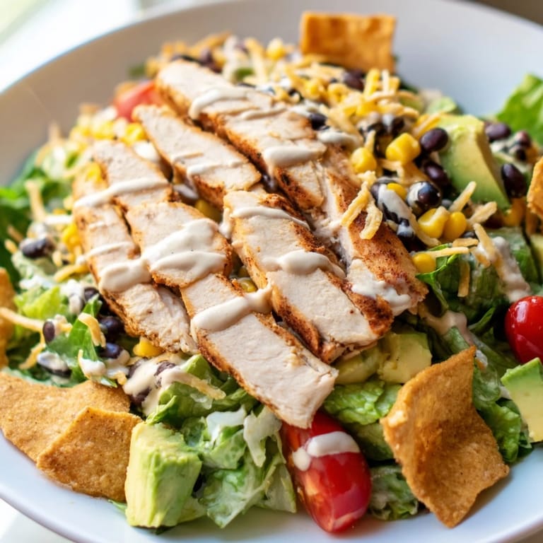 Bright, colorful ingredients in a large bowl of Crunchy Taco Chicken Salad are drizzled with creamy lime dressing, ready for a satisfying main course.