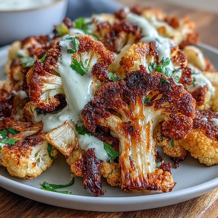 Healthy Roasted Cauliflower, a Middle Eastern-inspired main, perfectly plated with savory dressing.