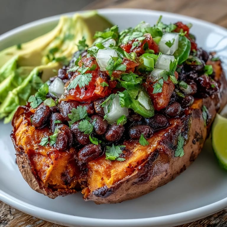 Hearty, fiber-rich roasted sweet potatoes loaded with zesty tomato salsa and beans.