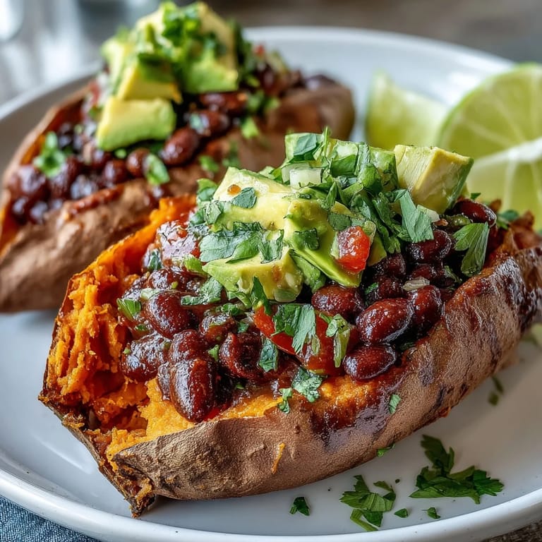 Flavorful roasted sweet potatoes topped generously with chipotle bean filling and fresh salsa.