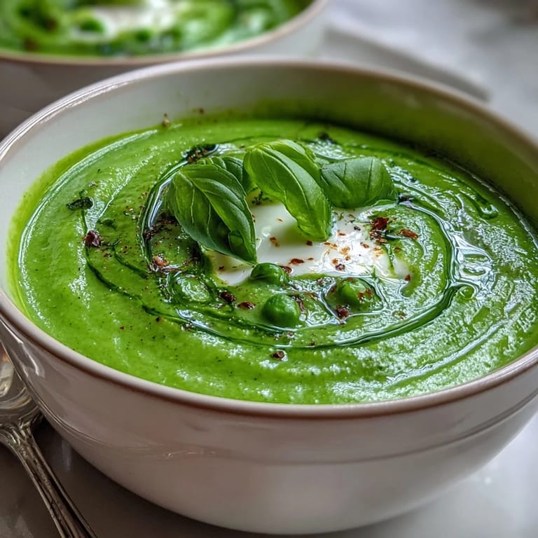 Healthy zucchini, pea, and basil pesto soup, a comforting bowl ready in minutes.