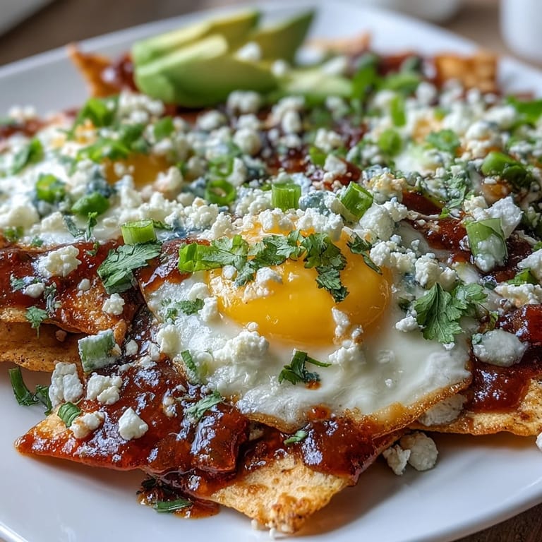 Steaming chilaquiles breakfast casserole with runny yolk eggs and zesty salsa roja, served alongside sliced radishes and jalapeños.
