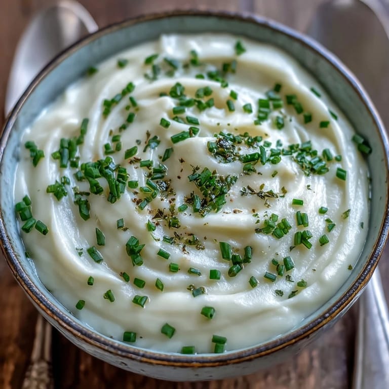 Velvety, smooth celery root bisque served warm in a rustic white bowl next to crusty bread.