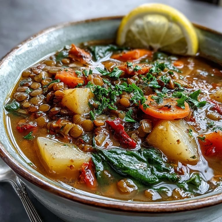 Rustic Dutch oven filled with hot Vegetarian Lentil Stew, served with lemon wedges and crusty bread.