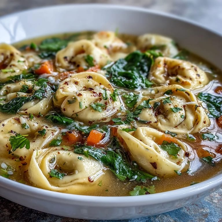 A ladle pours Easy Tortellini Soup with Chicken Broth into a rustic bowl, surrounded by fresh carrots, celery, and herbs.