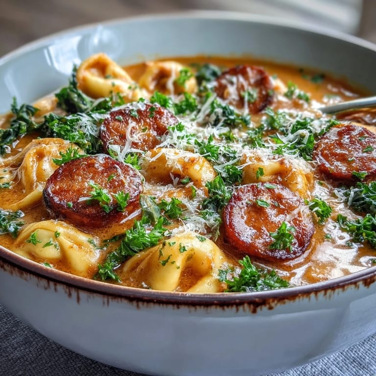 Steaming Pumpkin Tortellini Soup with chicken sausage and kale beside crusty bread on a cozy autumn table setting.