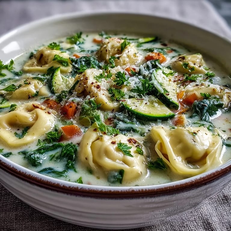 Serving suggestion for Creamy Vegetable Tortellini Soup accompanied by crusty bread on a rustic table.
