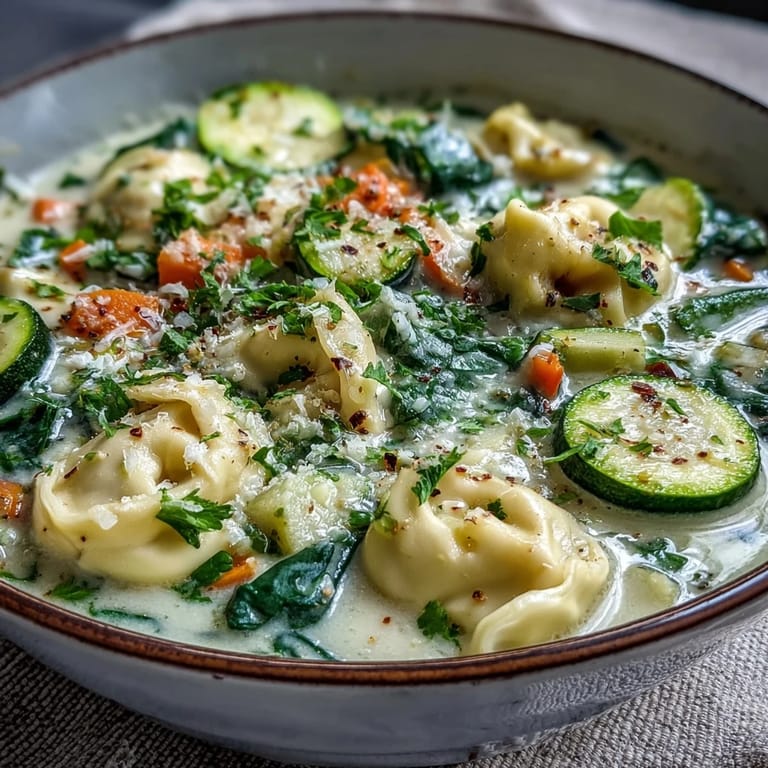 Steaming pot of Creamy Vegetable Tortellini Soup featuring zucchini, carrots, and vibrant baby spinach.