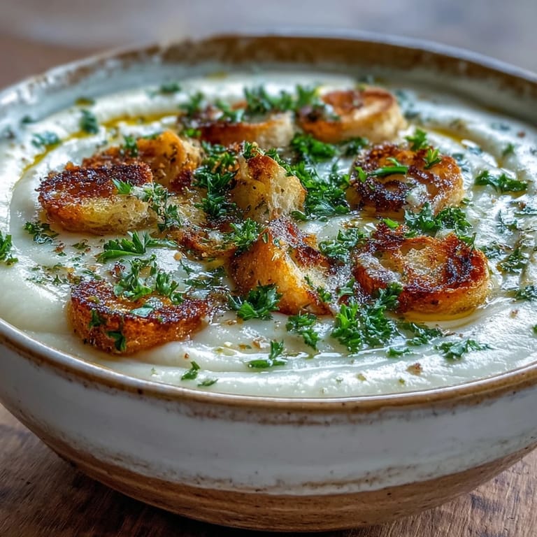 Creamy puréed Roasted Garlic Soup is garnished with fresh parsley and croutons inside a rustic white bowl.