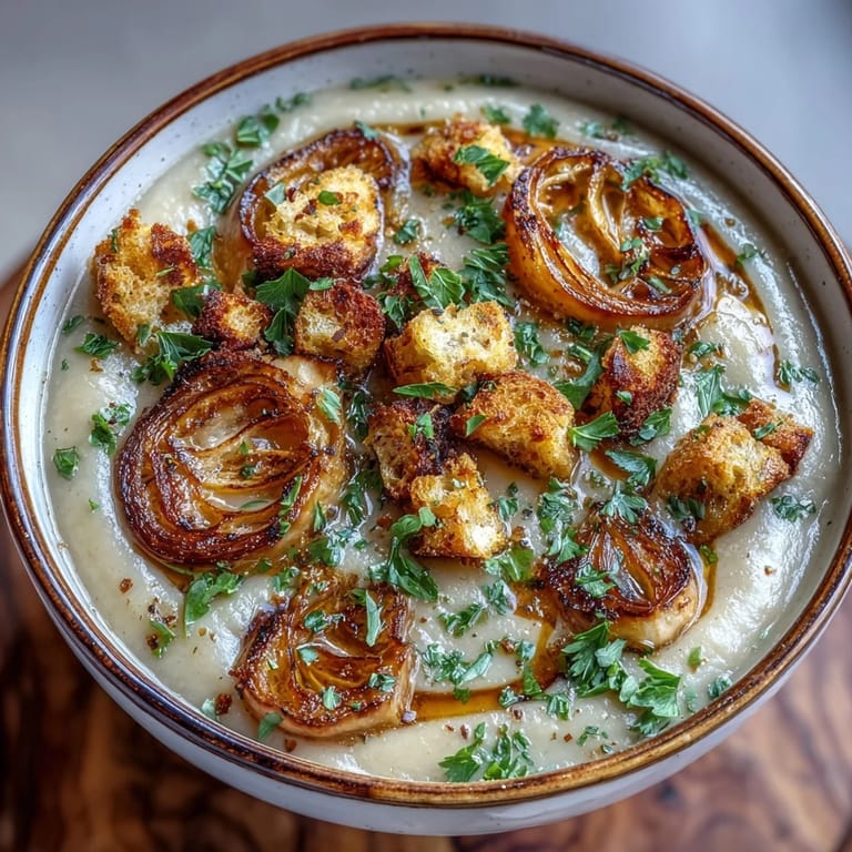 A spoon lifts a serving of Roasted Garlic Soup from a deep bowl, showcasing its smooth texture and steam.