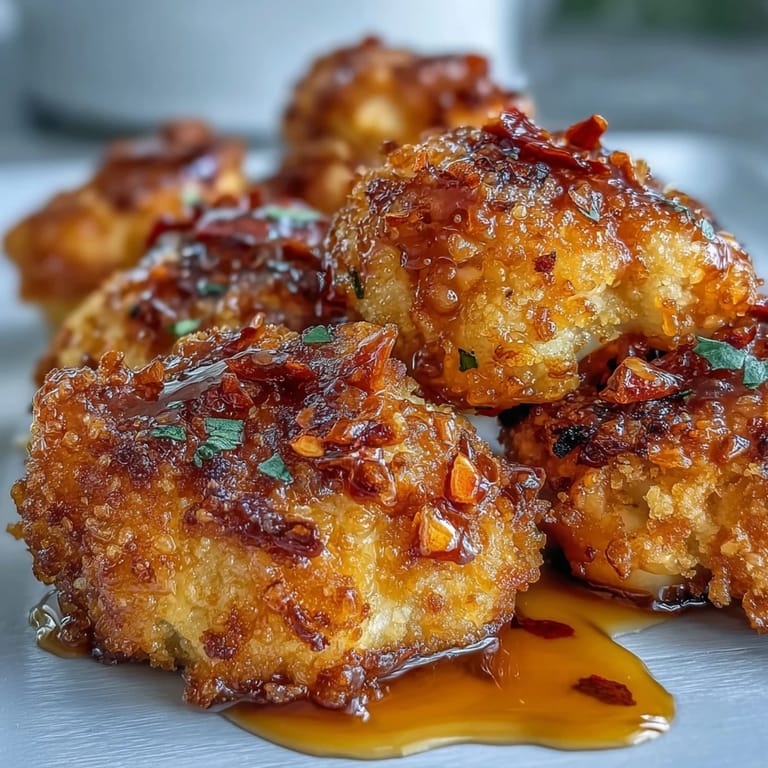 A close-up of Crunchy Baked Hot Honey Cauliflower with drizzled spicy honey and fresh herbs for a vegetarian appetizer.