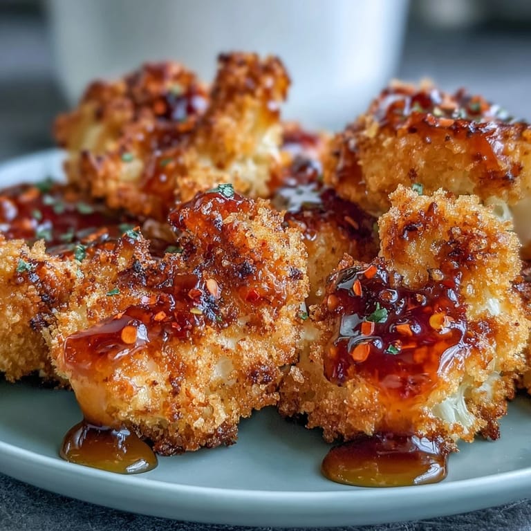 Hot honey glazed cauliflower bites arranged on a wire rack, showing a crispy, crunchy coating perfect for game day snacks.