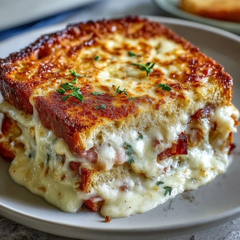 A close-up view of the baked Croque Monsieur Casserole served with a fresh green salad.