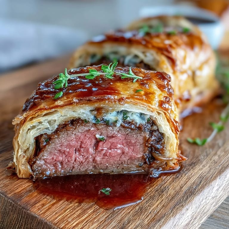 Perfectly cooked Beef Wellington with golden crust, served on a wooden board for a rustic, inviting presentation.