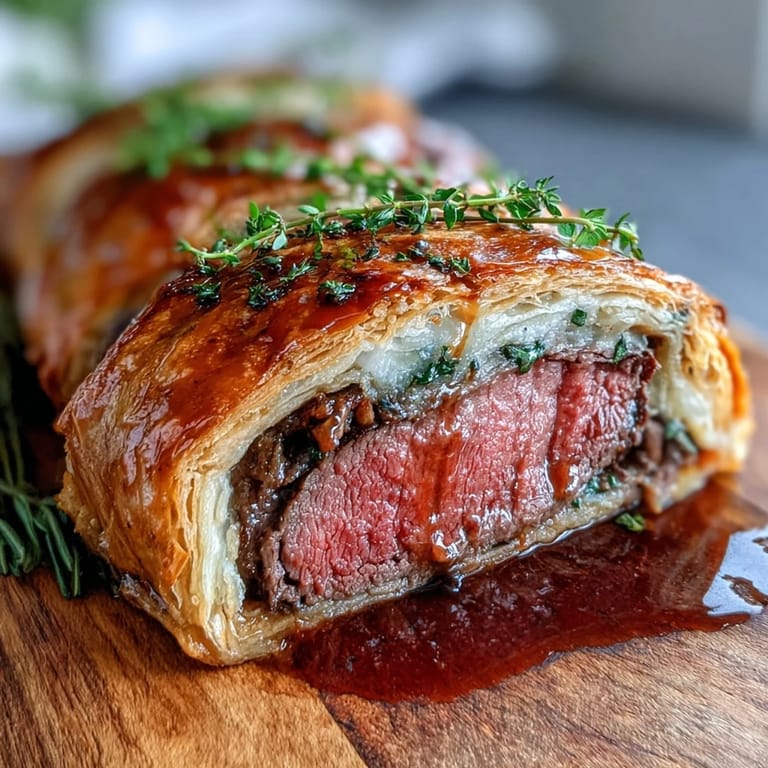 Savory mushroom duxelles and prosciutto wrap the tenderloin inside crisp puff pastry, ideal for a festive dinner.