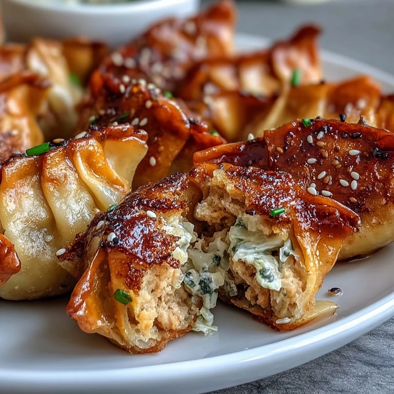 A close-up of golden-brown Smash Dumplings with a juicy pork filling, ready to be enjoyed.