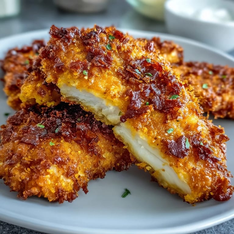 A close-up view shows the golden-brown breading on these Crispy Turmeric Chicken Tenders, highlighting their aromatic turmeric and spice blend.  
