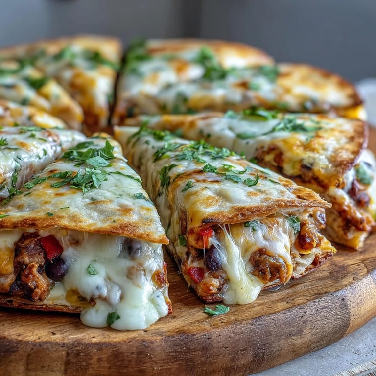 This Blooming Quesadilla Ring features mini cheesy triangles arranged in a flower shape, garnished with cilantro and lime wedges on a platter.