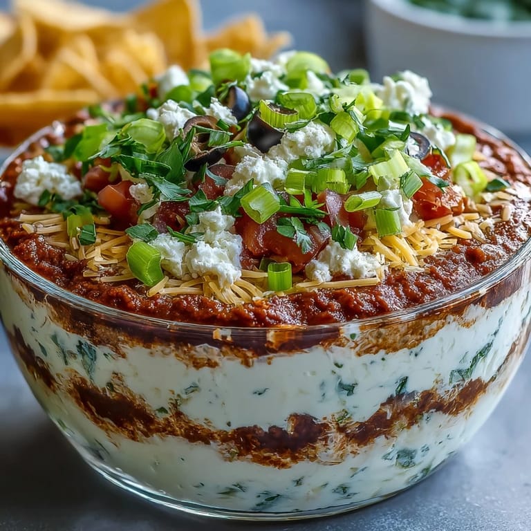 This vegetarian 4-Way Layered Dip is topped with cheddar, black olives, and green onions, ready for dipping. 